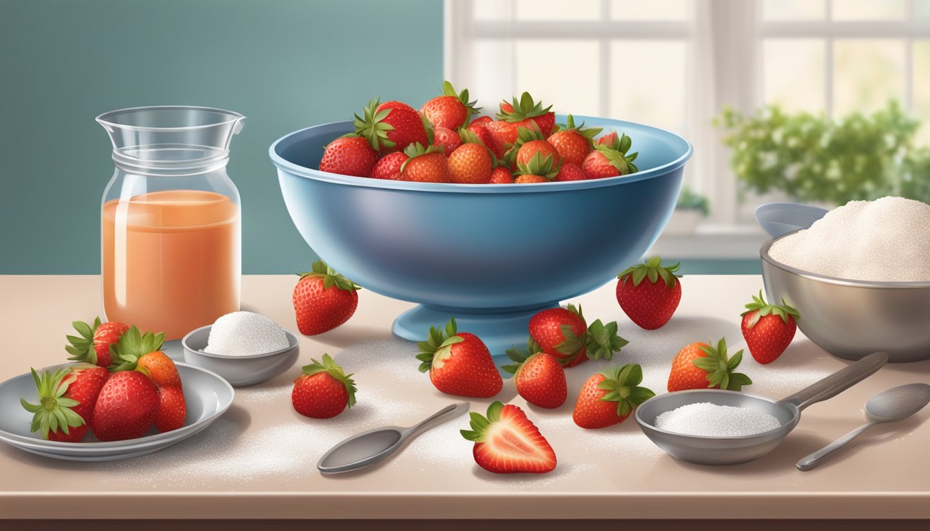 A table with fresh and frozen strawberries, a mixing bowl, and a variety of baking ingredients