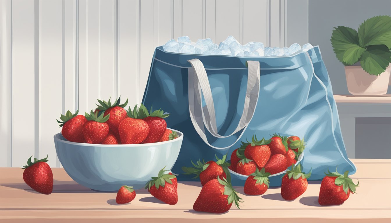 A bowl of fresh strawberries sits next to a bag of frozen strawberries. The fresh berries are plump and vibrant, while the frozen ones are icy and slightly shriveled