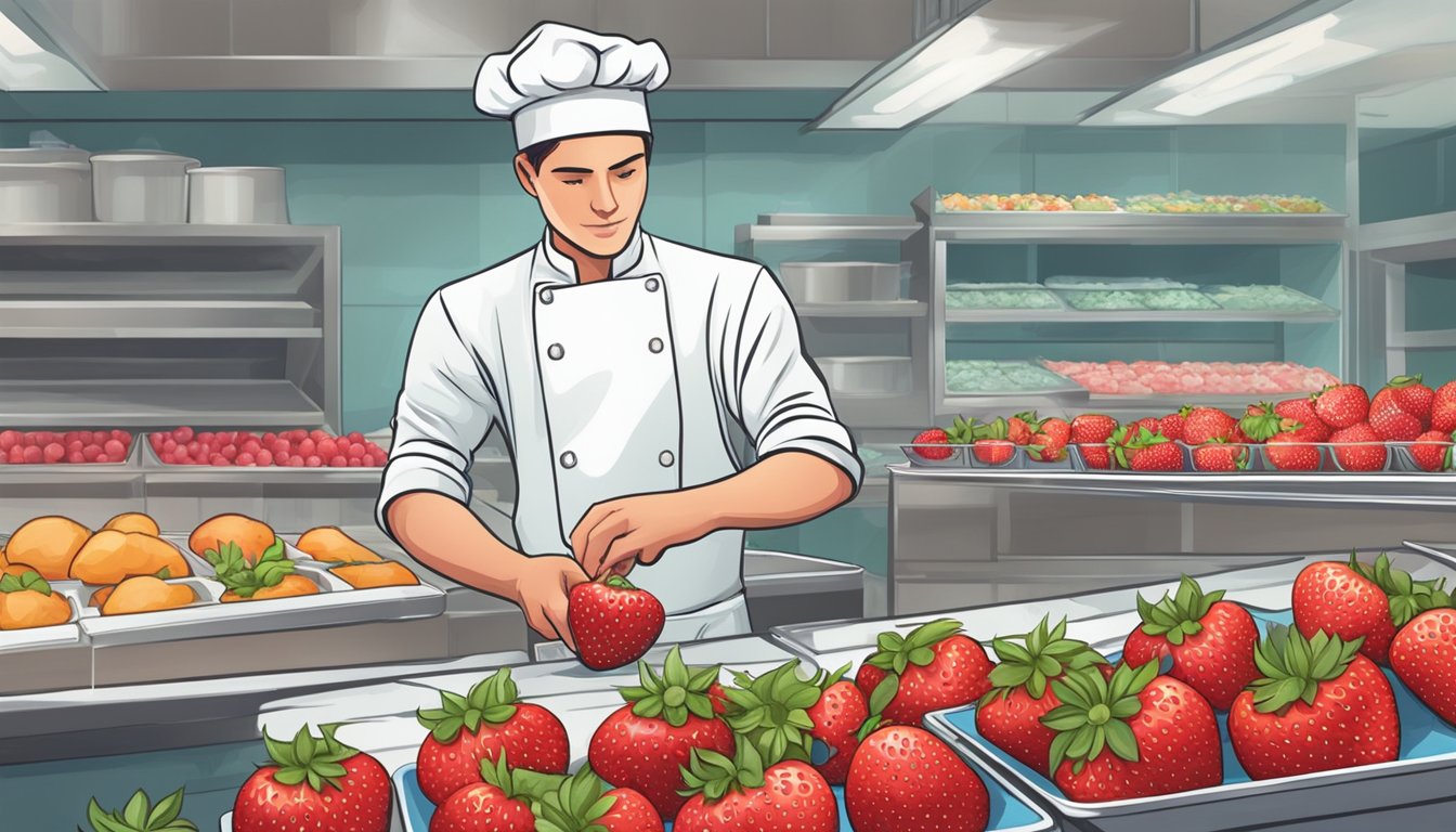 A baker carefully selects between fresh and frozen strawberries for a delicious treat