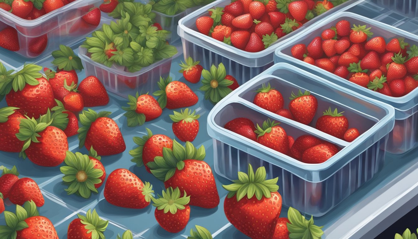 A vibrant field of ripe, fresh strawberries contrasts with a freezer full of frozen berries. A scale shows nutrition values, while chefs prepare dishes