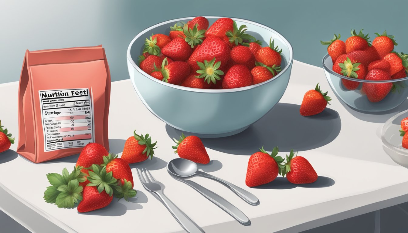 A table with a bowl of fresh strawberries on one side and a bag of frozen strawberries on the other. A nutrition label and taste test in progress