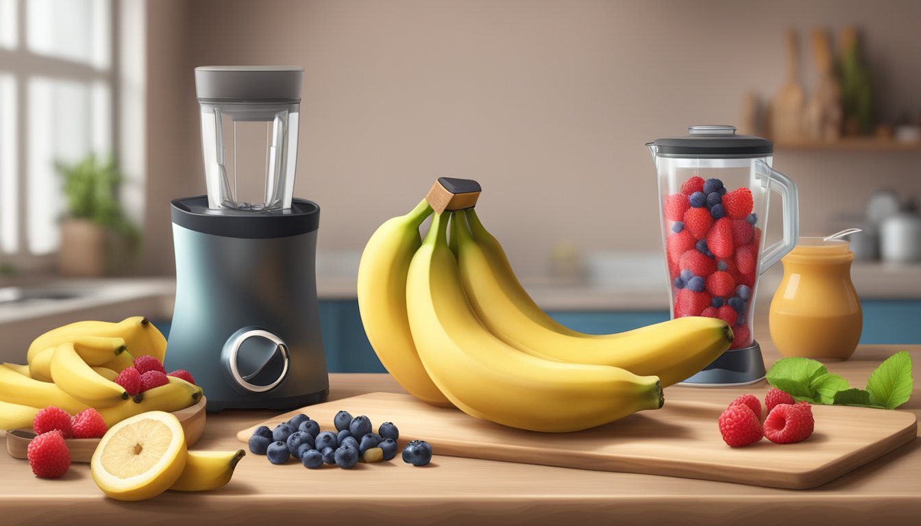 A ripe banana lies on a cutting board, next to a pile of frozen banana slices. A blender sits nearby, surrounded by fresh berries and a bag of frozen fruit