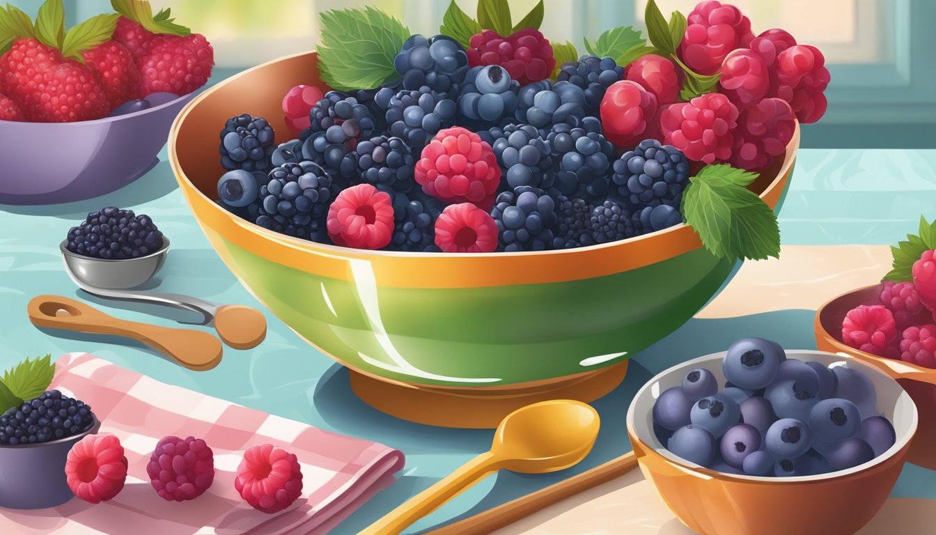 A bowl of fresh and frozen berries sits next to a mixing bowl and measuring spoons, ready to be used in a baking recipe. The vibrant colors and different textures of the berries are on display