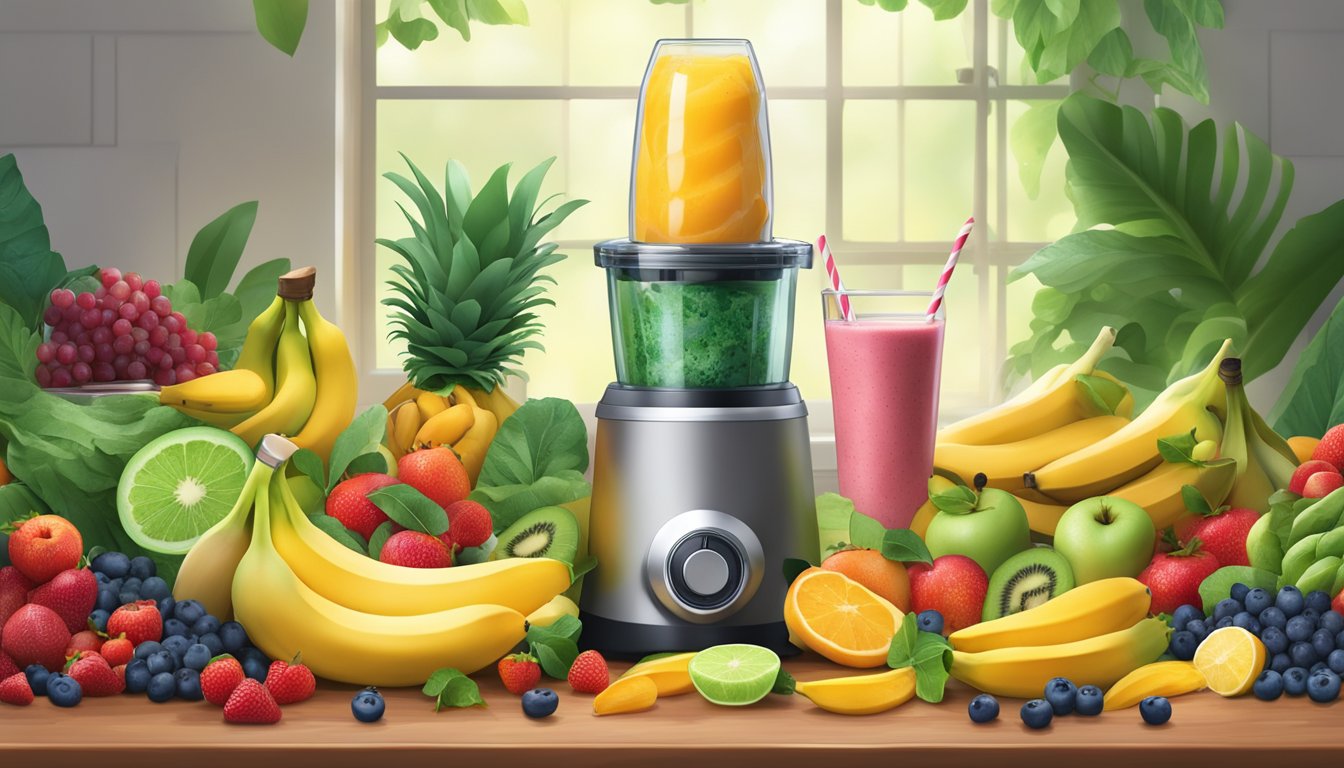 A vibrant scene of a blender surrounded by fresh and frozen bananas, with a variety of colorful fruits and leafy greens nearby, evoking the contrast between fresh and frozen ingredients for the ultimate smoothie