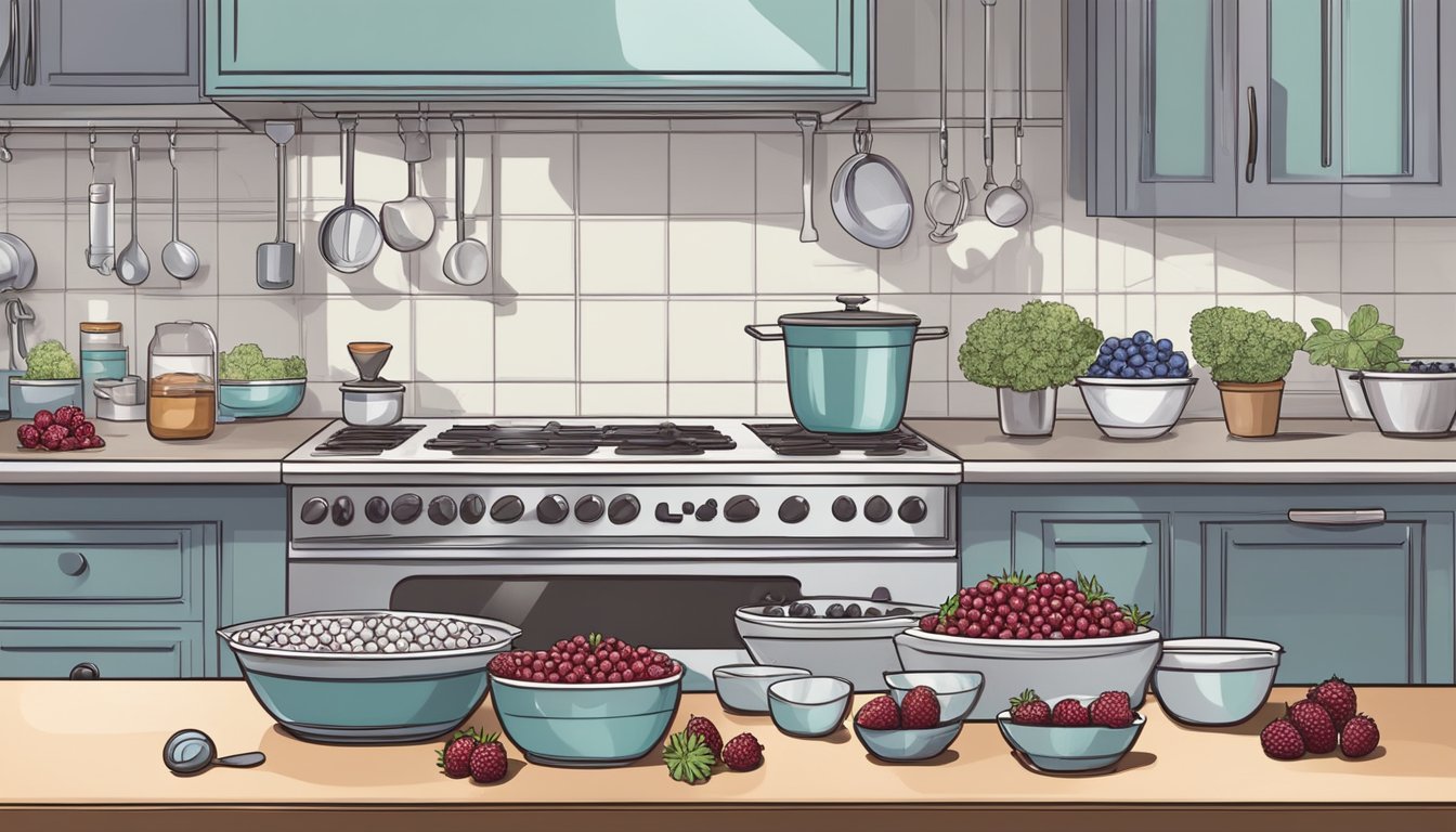 Fresh and frozen berries arranged on a kitchen counter, next to a mixing bowl and measuring cups. A pastry chef considers the impact on flavor and texture in baking