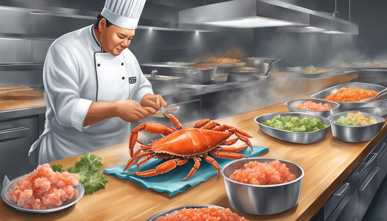 A chef preparing fresh and frozen king crab, showing taste, texture, and culinary quality