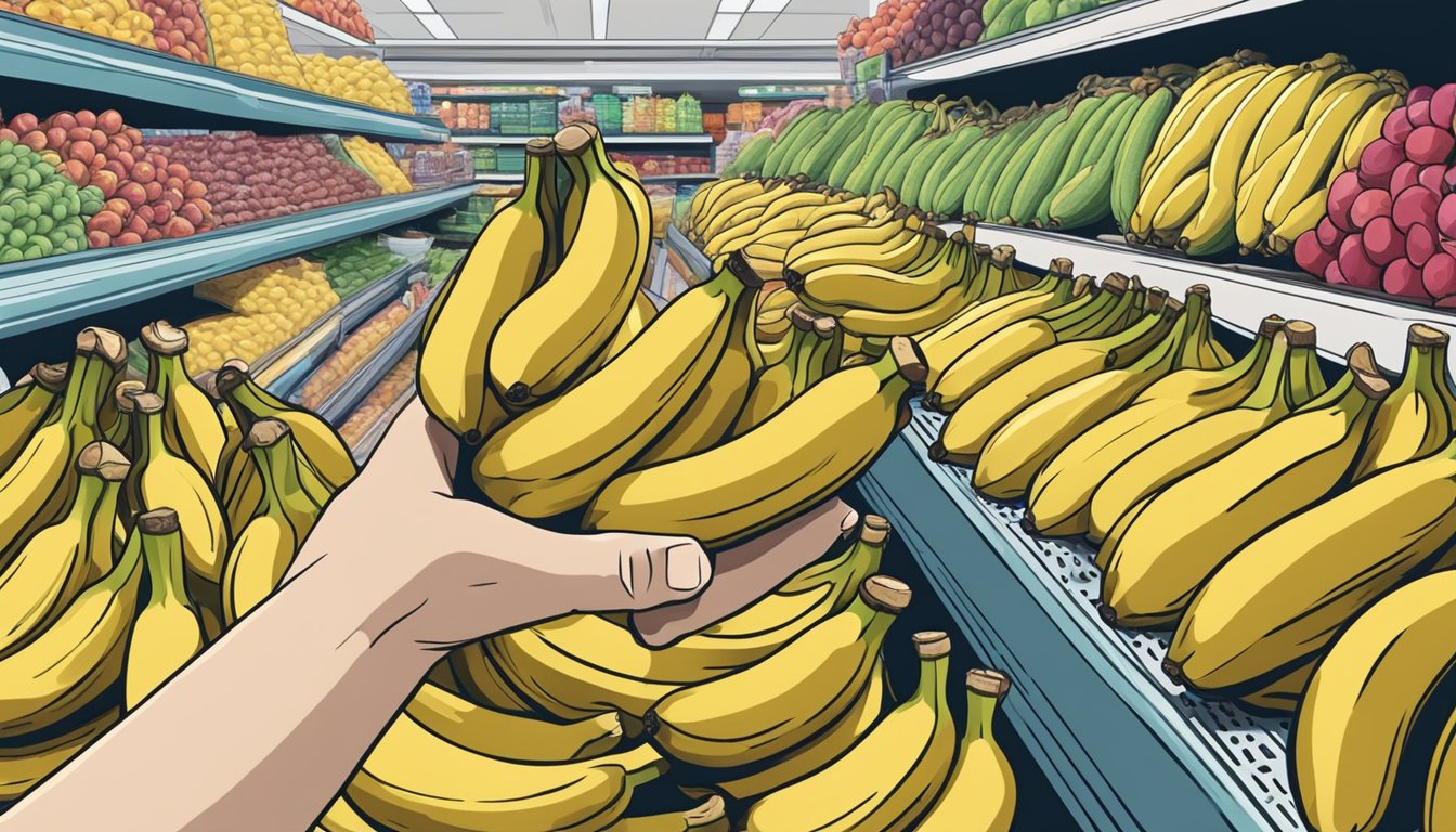 A hand reaching for a bunch of ripe bananas in a grocery store, with a freezer section in the background displaying bags of frozen bananas