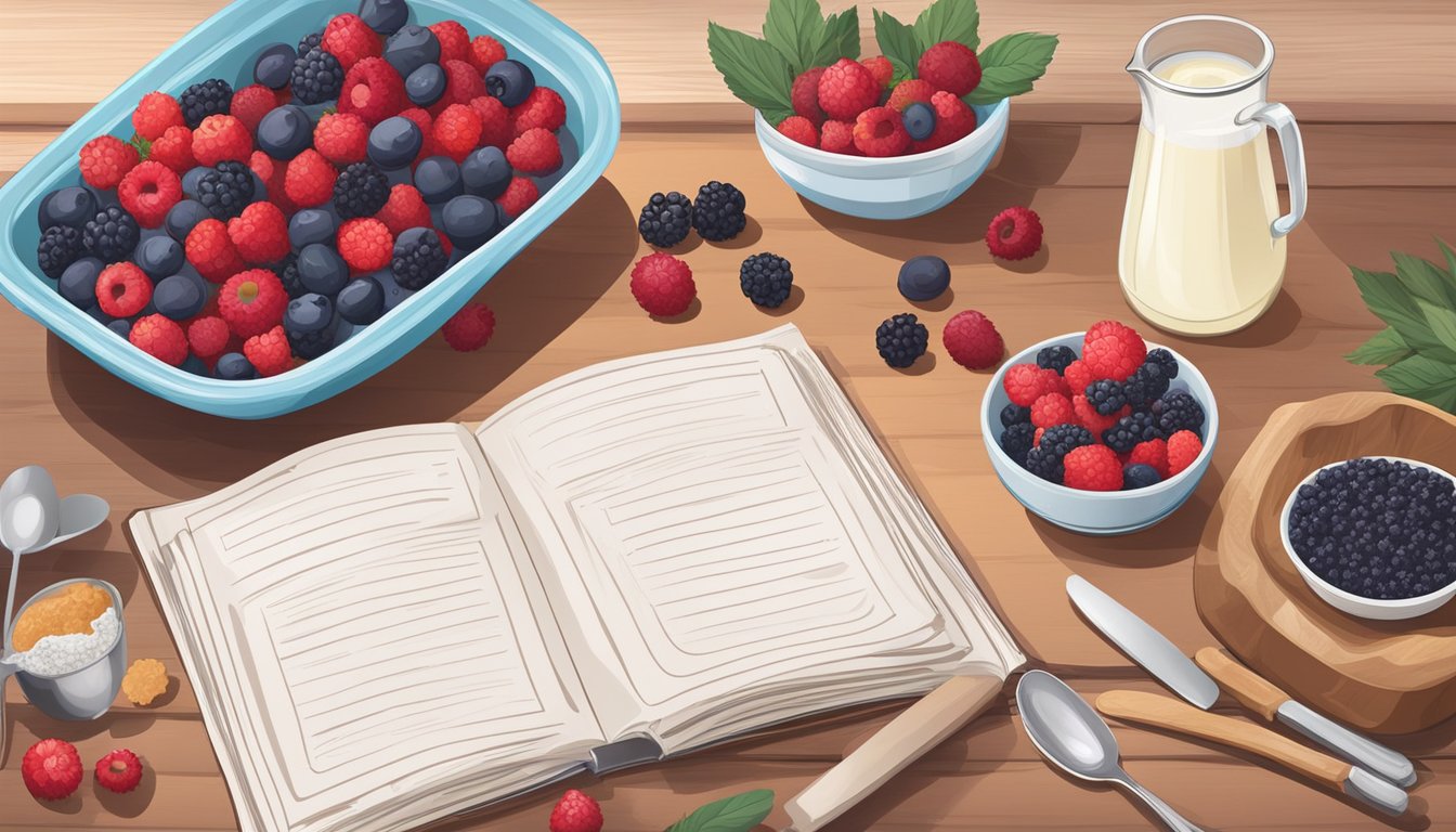 A kitchen counter with a bowl of frozen berries next to a bowl of fresh berries, surrounded by baking ingredients and a recipe book