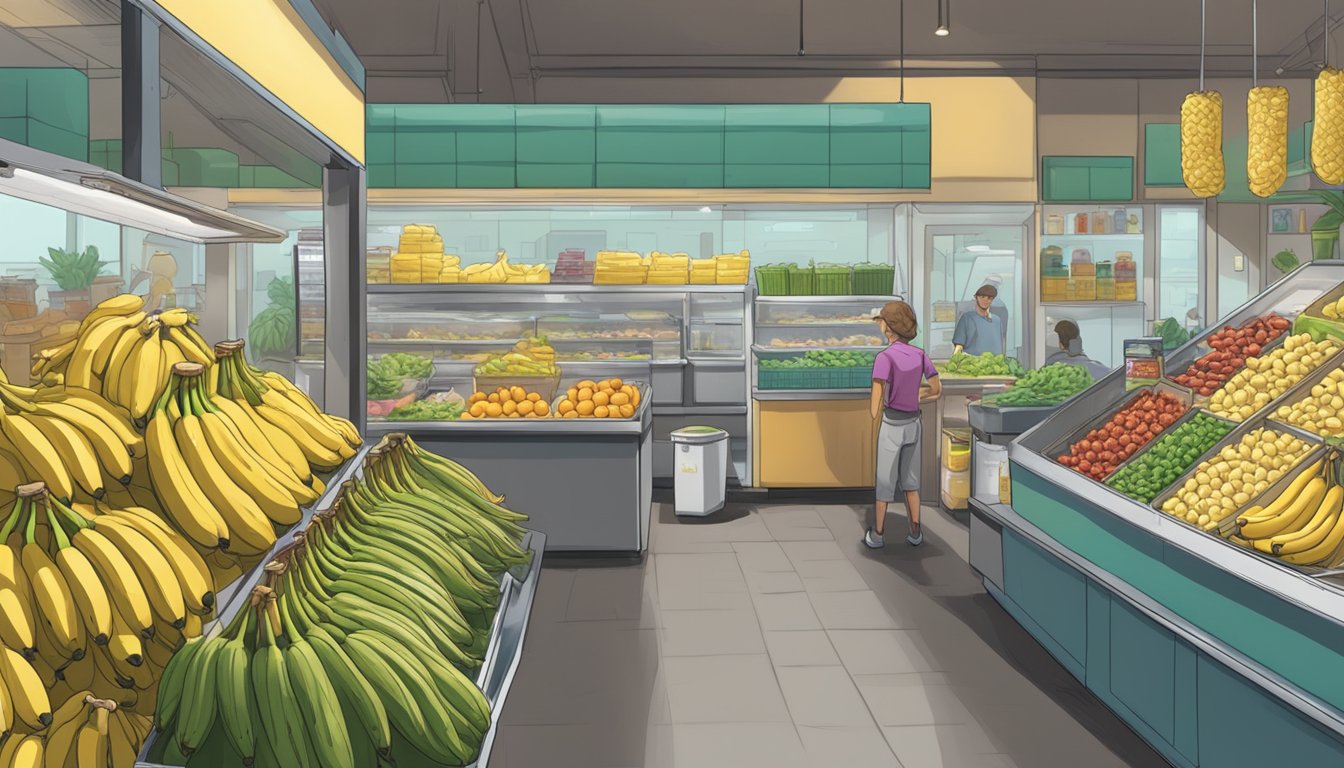 A bustling market with fresh bananas displayed next to a freezer filled with bags of frozen bananas. A smoothie stand in the background showcases the end result