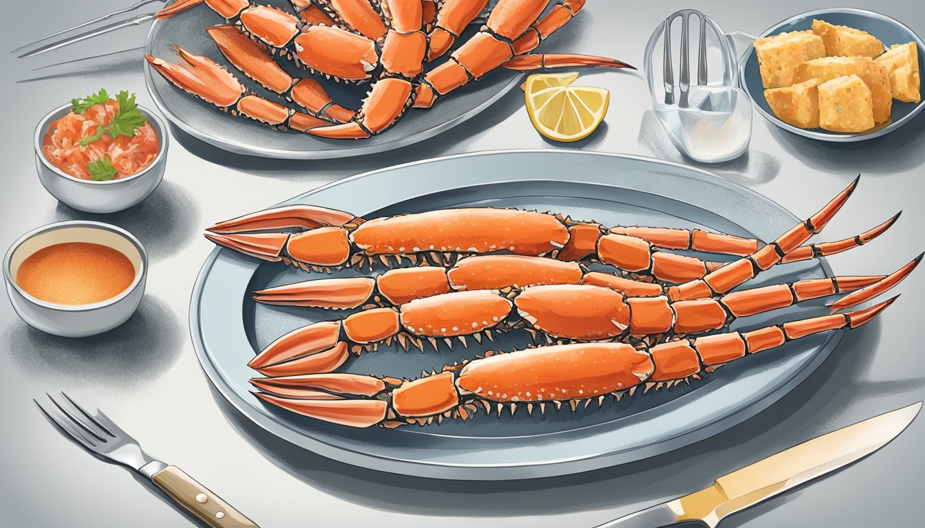 A table set with a platter of fresh king crab legs next to a platter of frozen king crab legs. A chef's knife and fork sit nearby for comparison