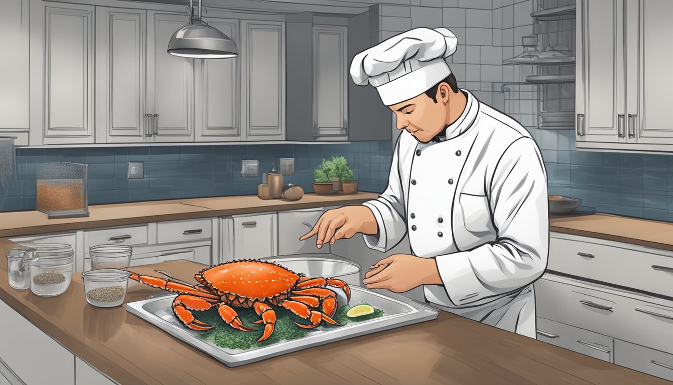 A chef carefully compares the taste, texture, and culinary quality of fresh and frozen king crab on a clean, well-organized kitchen counter