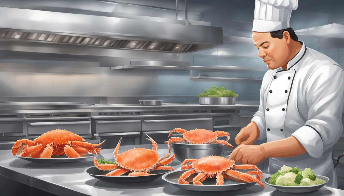 A chef tasting fresh and frozen king crab, comparing taste, texture, and culinary quality