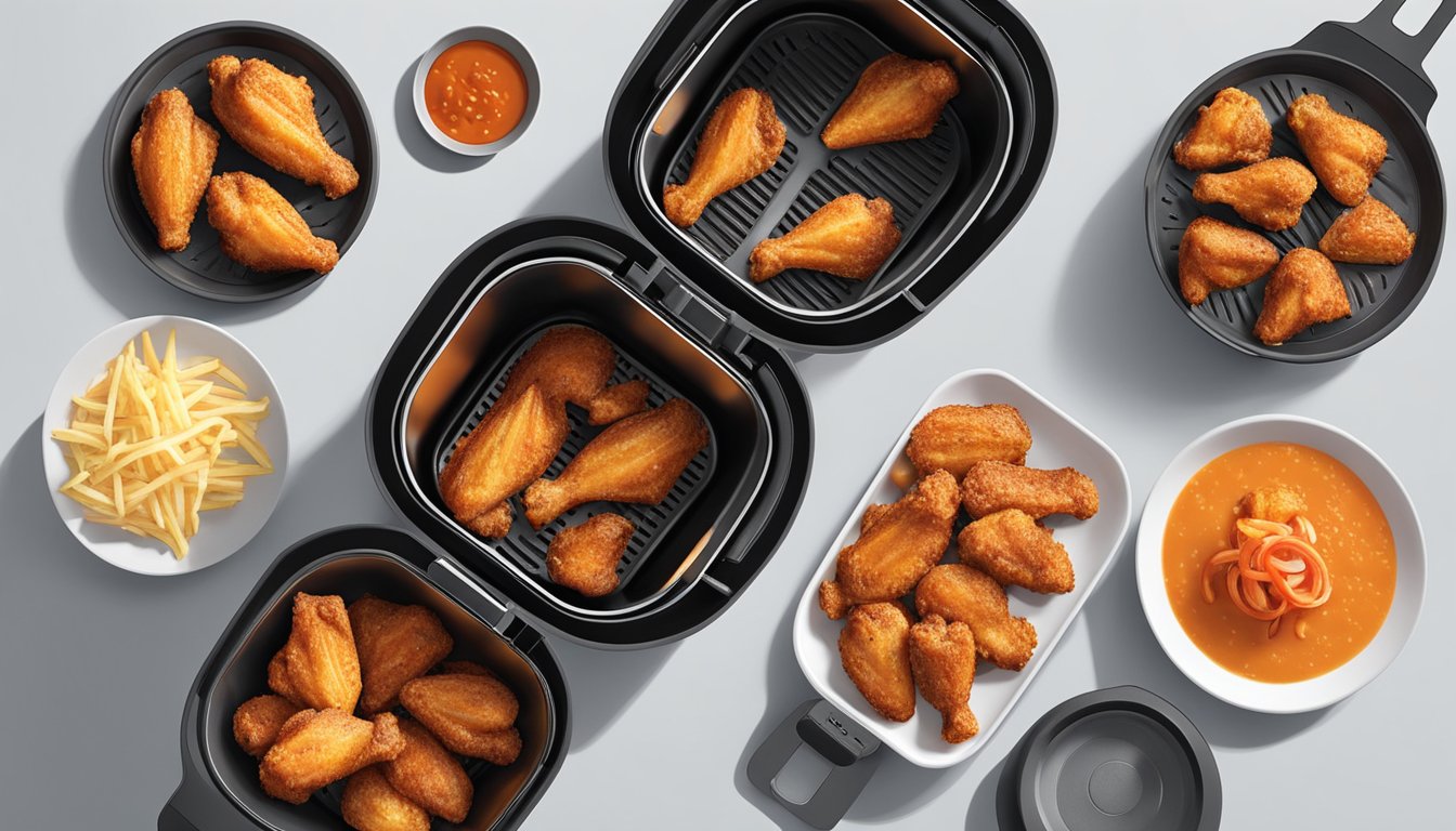 Fresh and frozen wings sit side by side in an air fryer. Seasoning and sauce options are displayed nearby