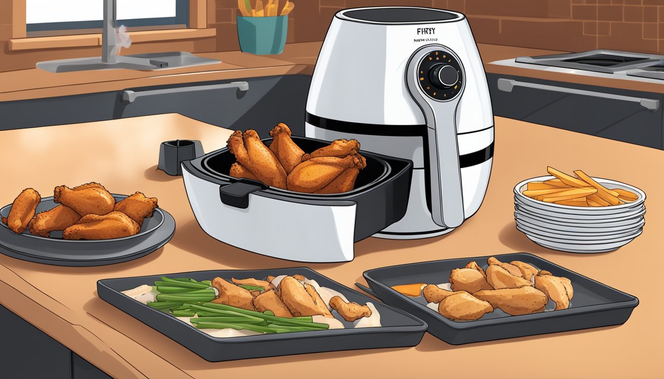 A plate of frozen and fresh chicken wings sit next to an air fryer. The air fryer is steaming with heat, ready to cook the wings