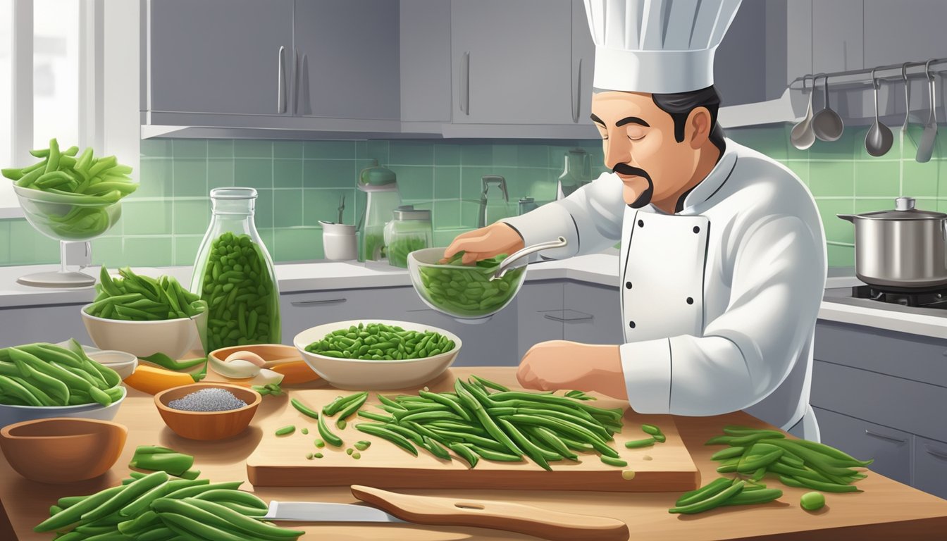 A chef tasting and comparing cooked frozen and fresh green beans on a cutting board, surrounded by various cooking utensils and ingredients