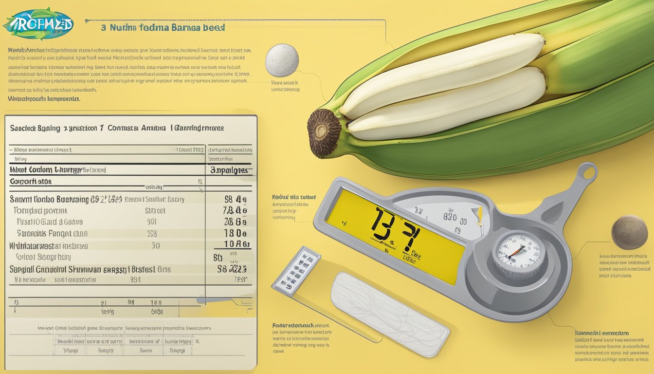 A frozen banana and a fresh banana side by side, with a scale underneath them showing their respective weights. Nutritional information displayed next to each