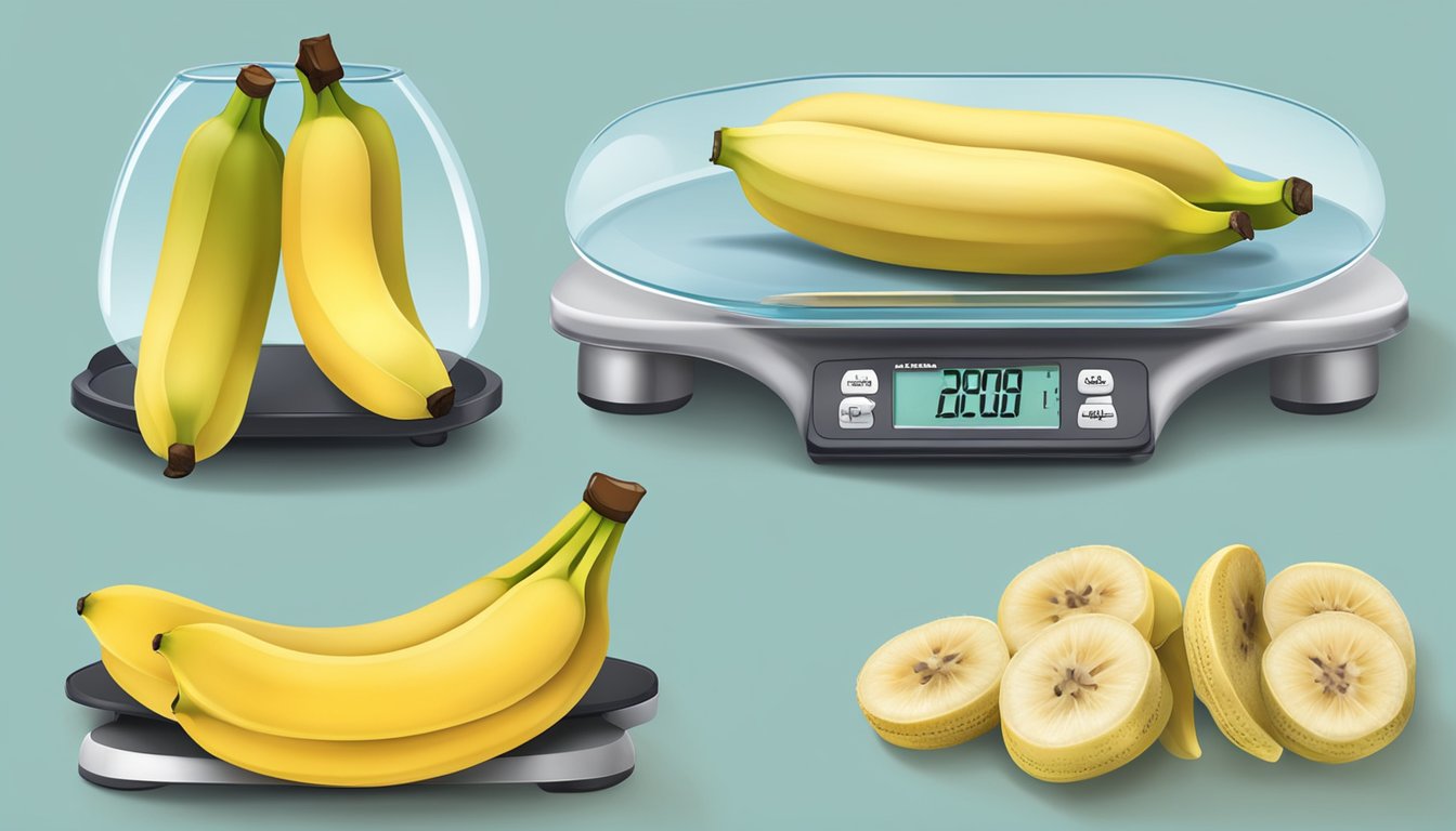 A frozen banana and a fresh banana sit side by side on a scale, showcasing their weight difference. The frozen banana is slightly lighter, illustrating the impact of freezing on the fruit