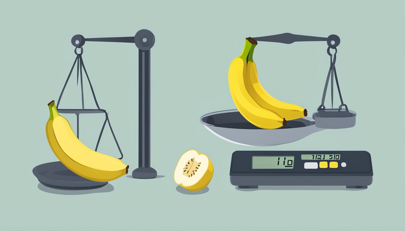 A fresh banana and a frozen banana side by side on a scale, showing the difference in weight