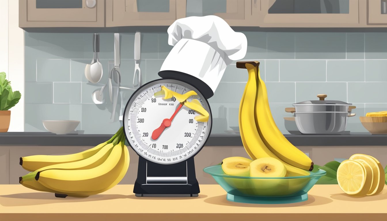 A chef slicing a fresh banana and a frozen banana, comparing their weights on a kitchen scale