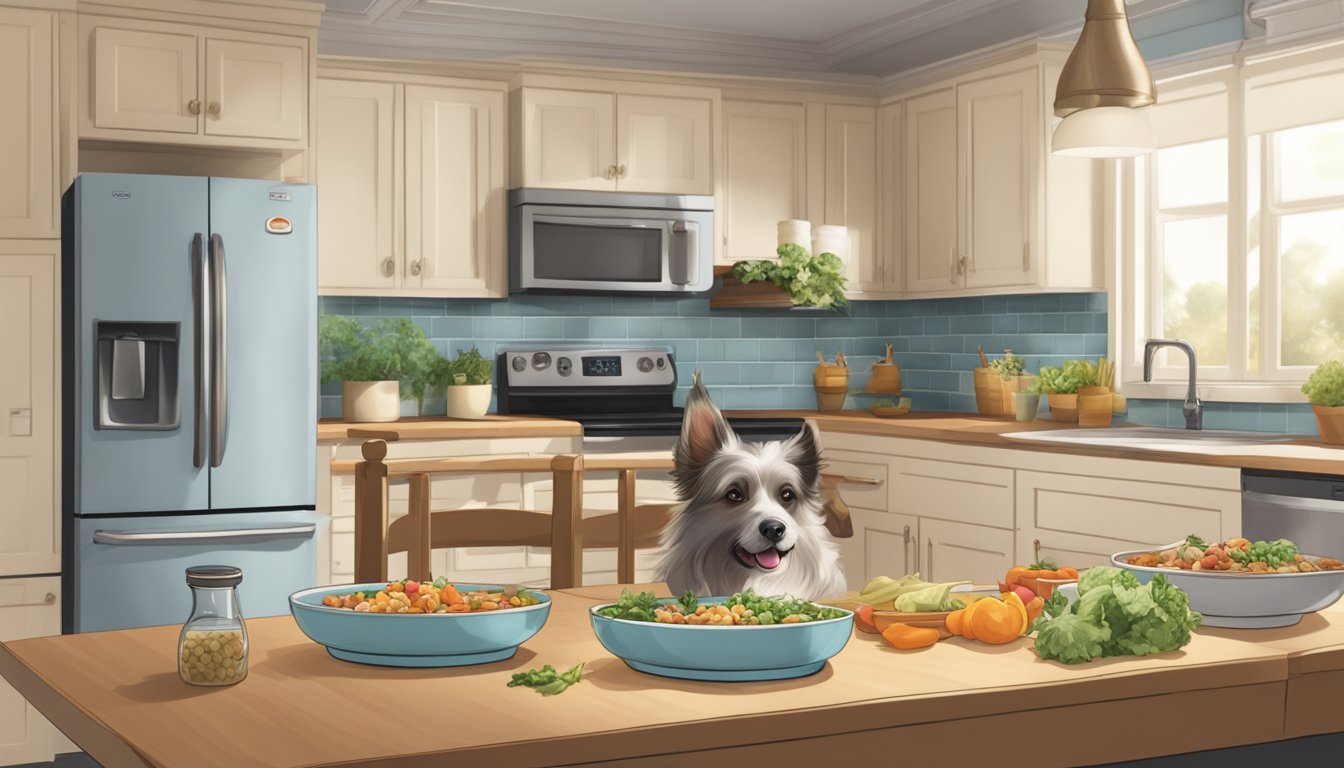 A dog eagerly sniffs two bowls of food, one filled with fresh ingredients and the other with frozen. The surroundings are clean and inviting, with a focus on the contrast between the two meal options