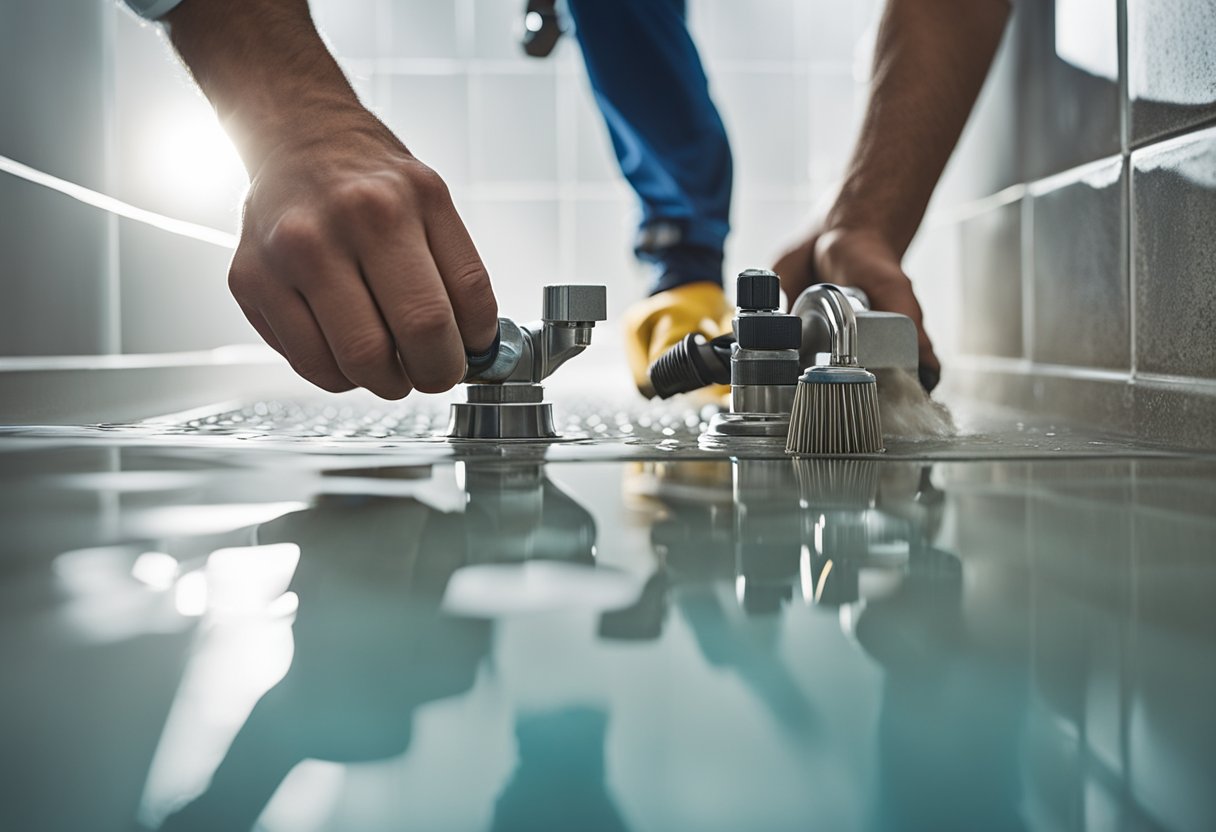 A plumber repairing a shower drain, using tools and parts