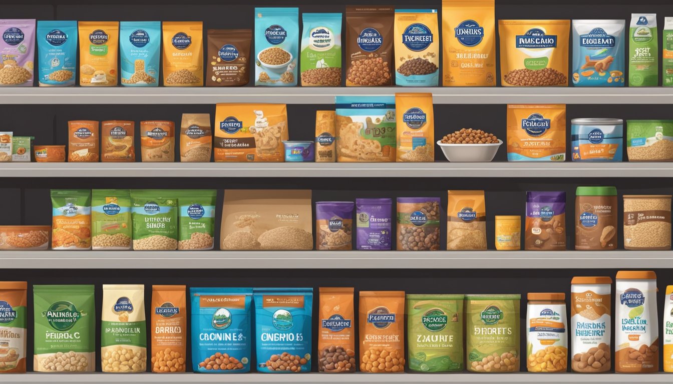 A variety of dog food brands and types are displayed on shelves, including fresh and frozen options. A canine companion eagerly awaits their owner's decision