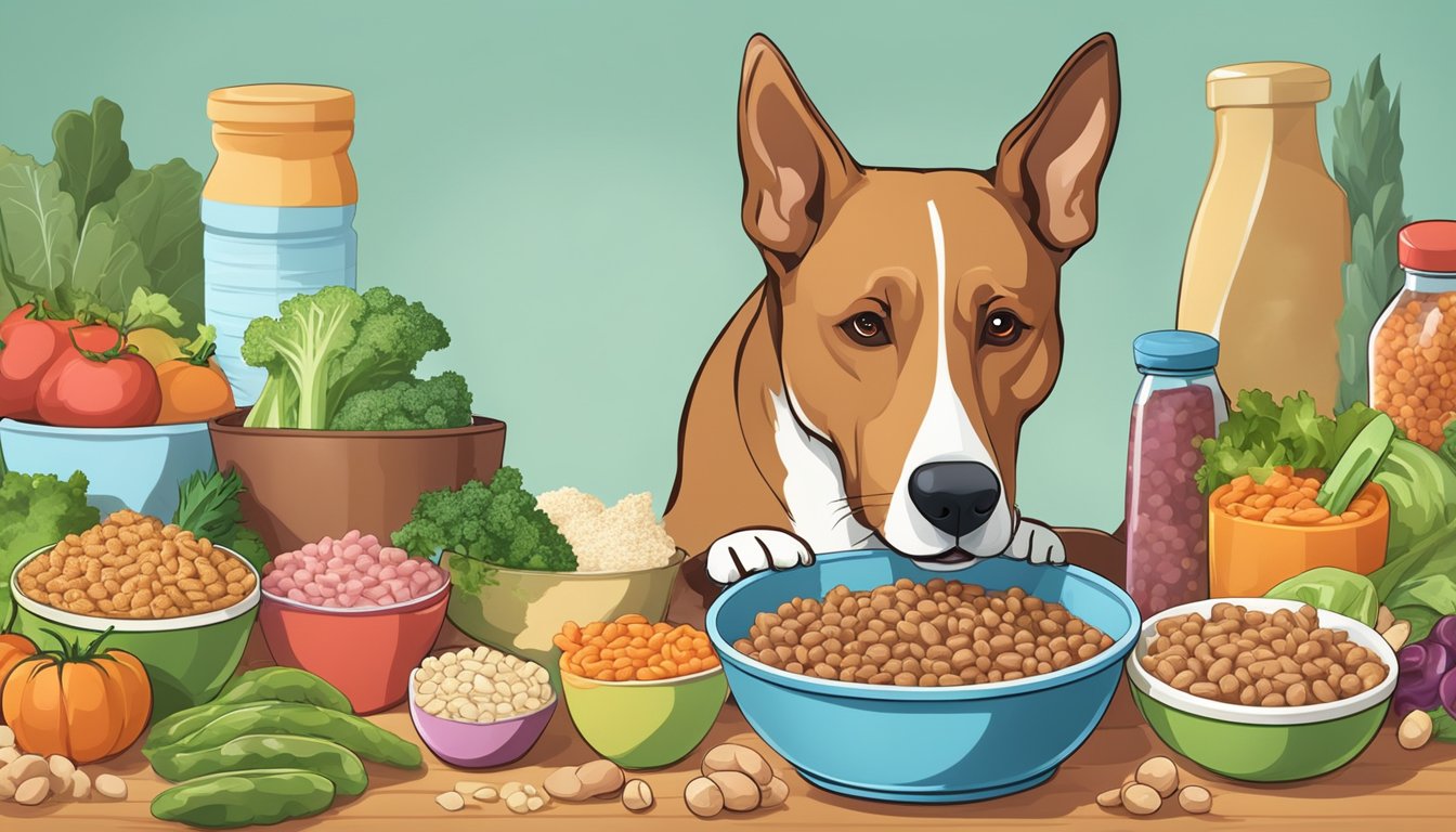 A dog eagerly eating from a bowl of fresh and frozen dog food, surrounded by various healthy ingredients like meat, vegetables, and grains