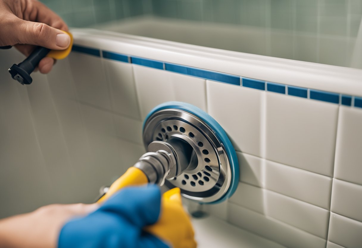 A plumber using tools to fix a shower drain