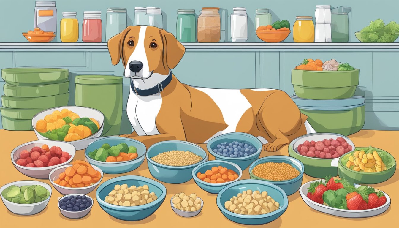 A dog standing between two bowls, one filled with fresh food and the other with frozen food. Various supplements and add-ons are scattered around the bowls