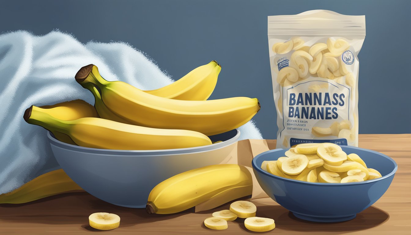 A bowl of ripe, yellow fresh bananas sits next to a bag of frozen bananas. The fresh bananas are plump and smooth, while the frozen bananas are slightly shriveled and covered in frost