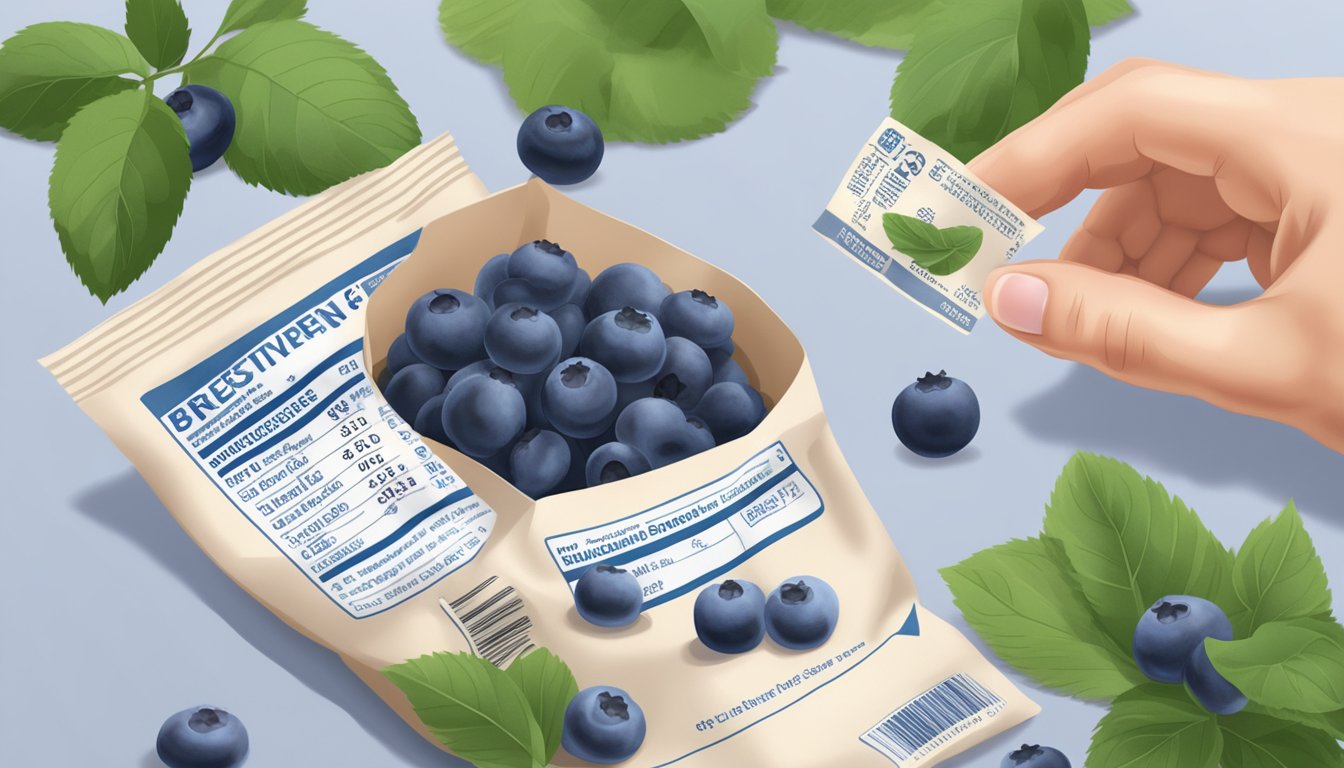 A hand reaching for fresh blueberries next to a bag of frozen blueberries, with a nutrition label in the background