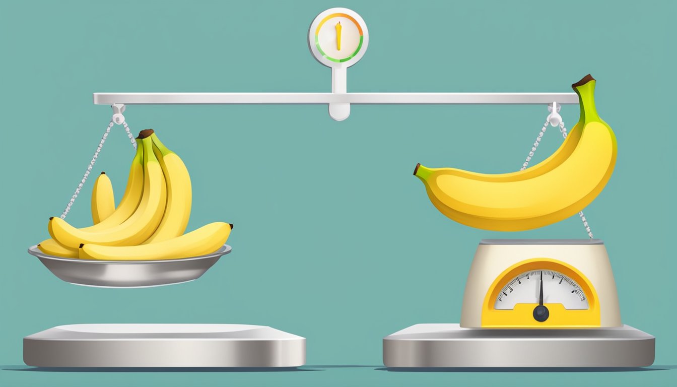 A frozen banana and a fresh banana sit on a scale, showcasing the weight difference between the two