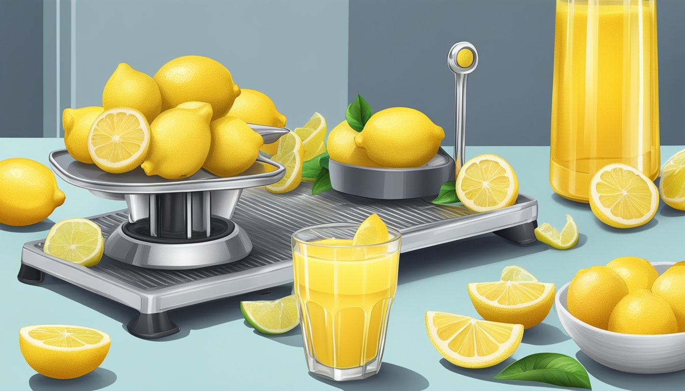 A table with sliced lemons and frozen juice next to fresh lemons and a juicer