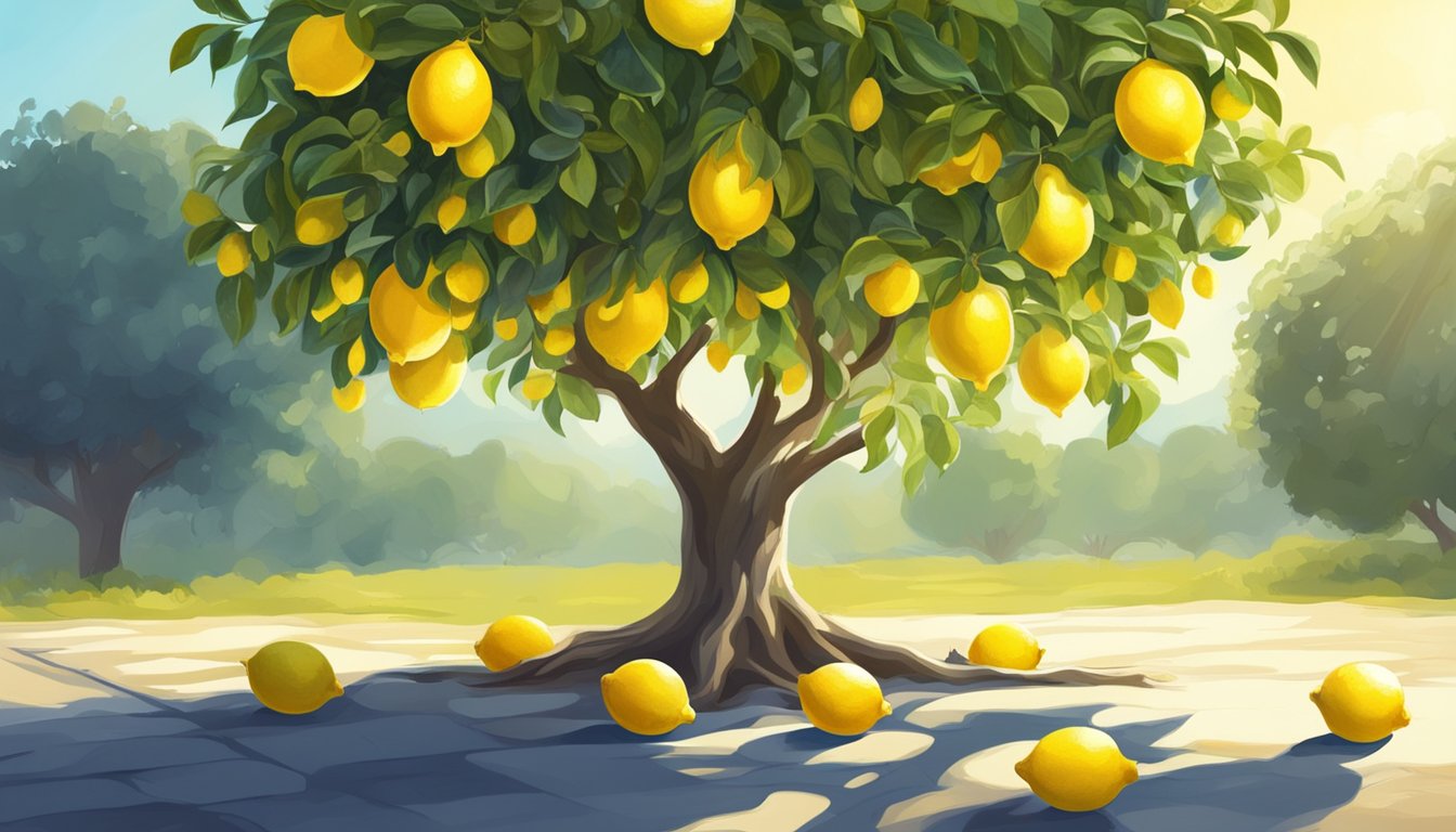 A vibrant lemon tree with ripe fruit, one branch with fresh lemons and another with frozen ones. The sun shines down, casting dappled shadows on the ground