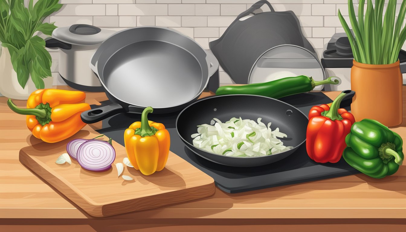 A cutting board with fresh peppers and onions next to a bag of frozen peppers and onions, with a skillet on a stovetop in the background