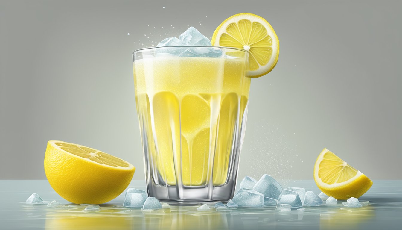 A glass of frozen lemon juice melts next to a fresh lemon, showcasing the contrast in texture and color. The fresh lemon exudes vibrancy, while the frozen juice appears dull and watery