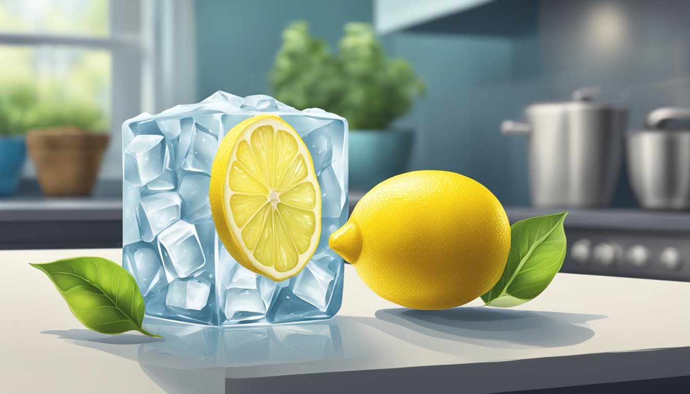 A lemon and an ice cube face off on a countertop. The lemon looks fresh and vibrant, while the ice cube appears cold and solid