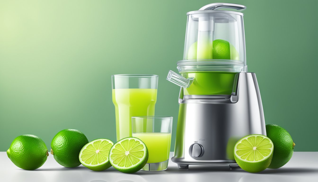 A glass of freshly squeezed lime juice next to a frozen lime juice concentrate, surrounded by limes and a juicer