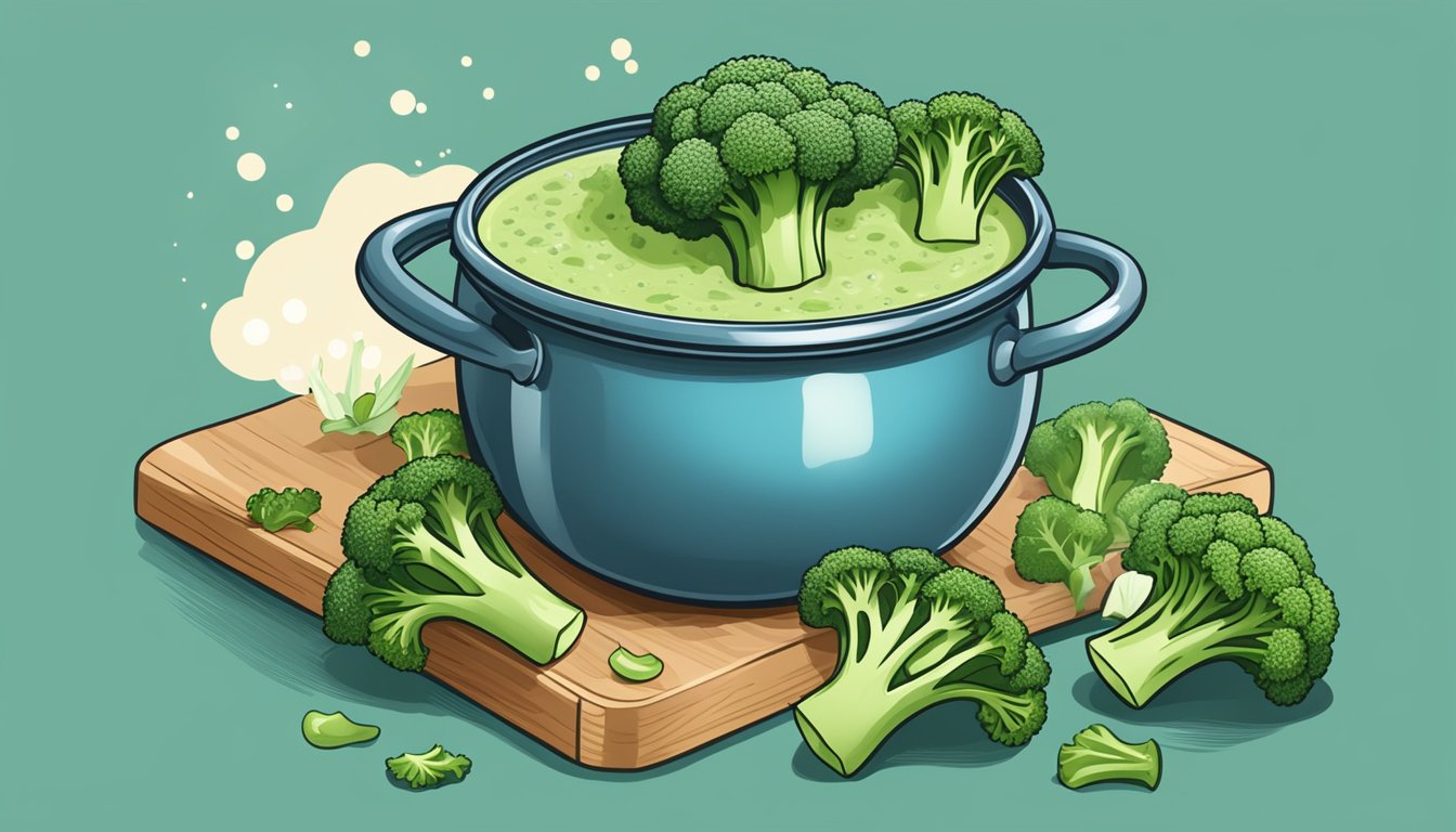 A steaming pot of broccoli soup surrounded by fresh and frozen broccoli, highlighting the advantages of each