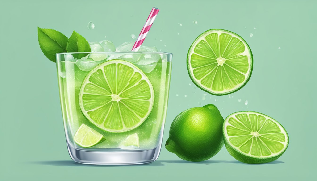 A vibrant lime cut in half, one side fresh, the other frozen. A glass of lime juice sits nearby with a straw