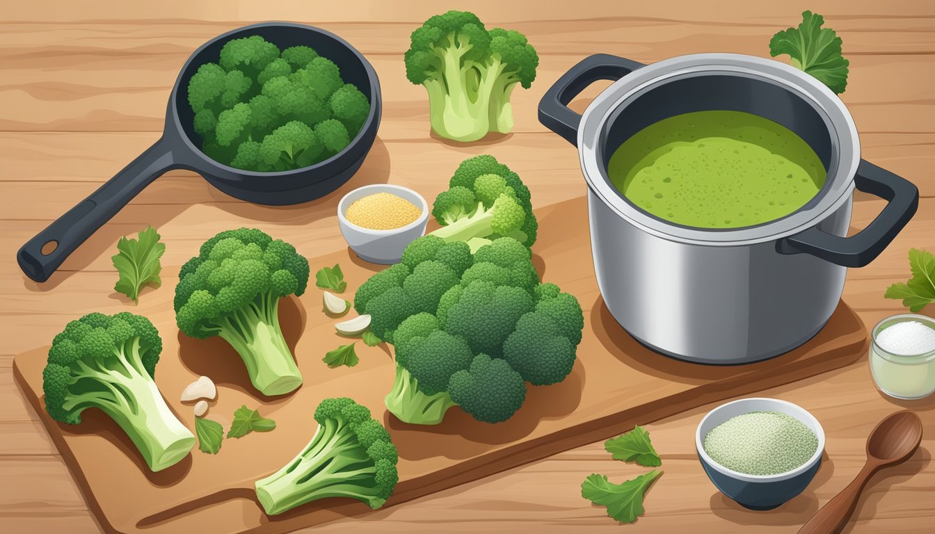 Fresh and frozen broccoli, a large pot, a wooden spoon, a blender, and various spices on a countertop for crafting broccoli soup