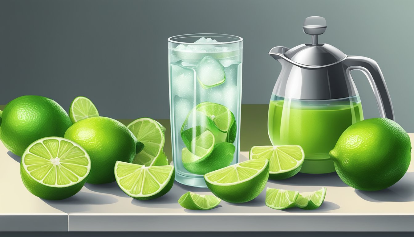 A kitchen counter with fresh limes on one side and a bag of frozen lime juice on the other, surrounded by various kitchen utensils and a measuring cup