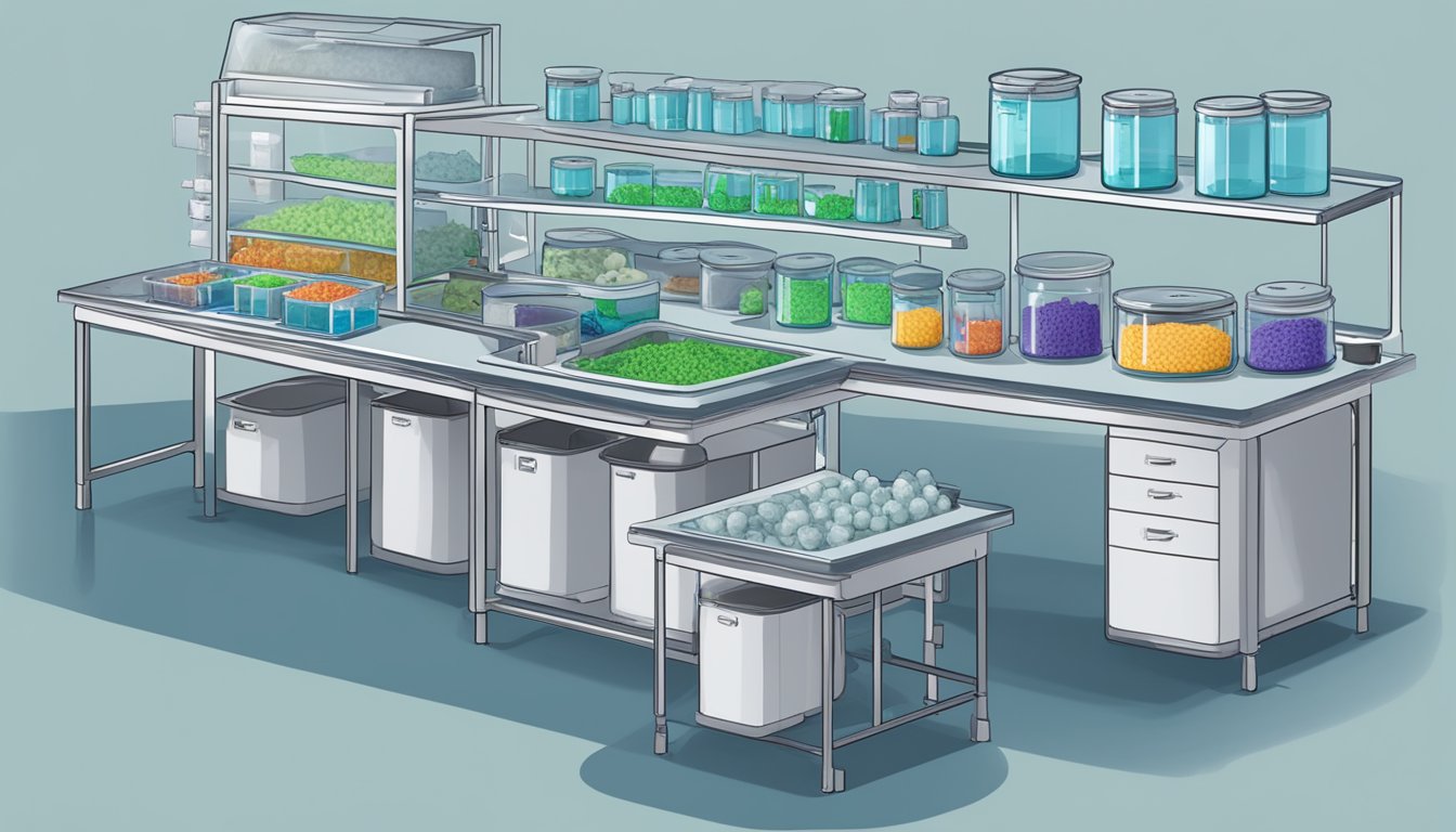 A laboratory table with labeled containers of fresh and frozen leukopaks, alongside equipment for viability and functionality testing