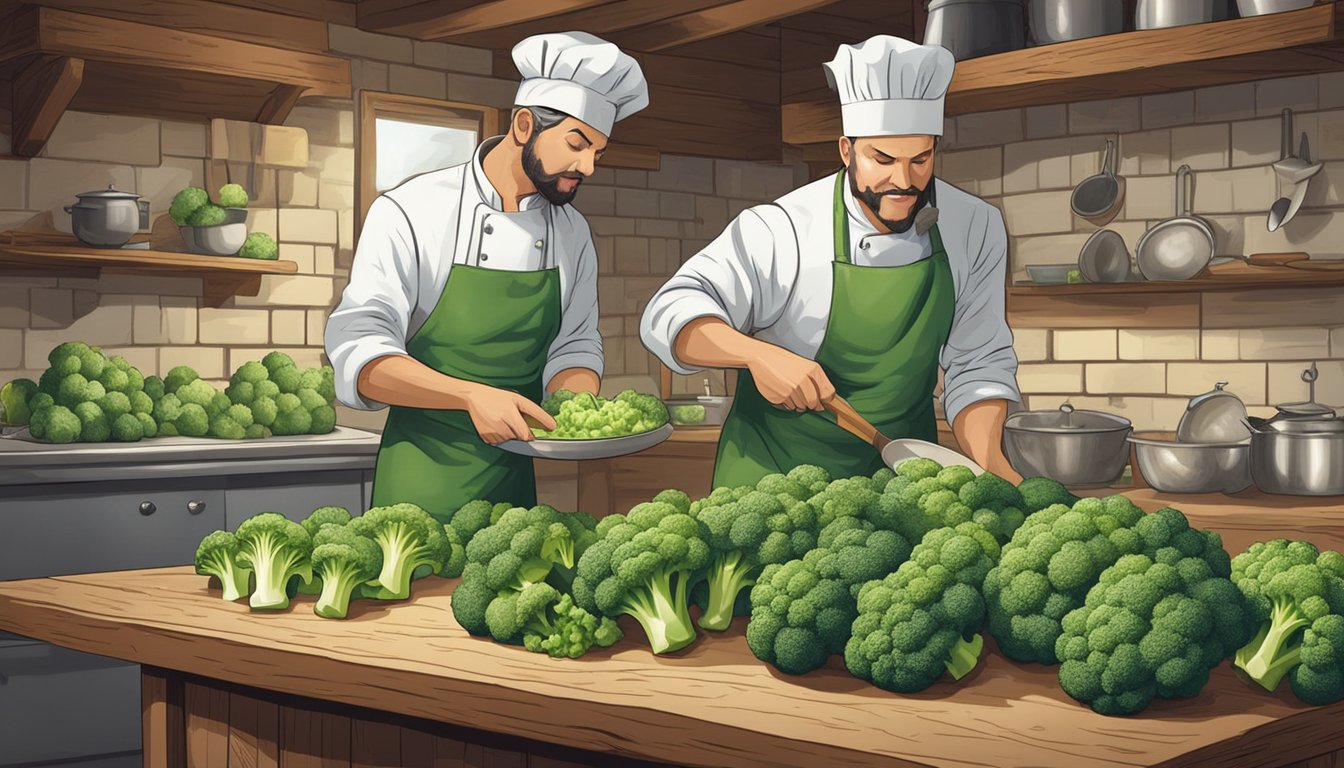 A chef carefully selects fresh broccoli over frozen, then skillfully prepares and presents the ultimate broccoli soup in a rustic kitchen setting