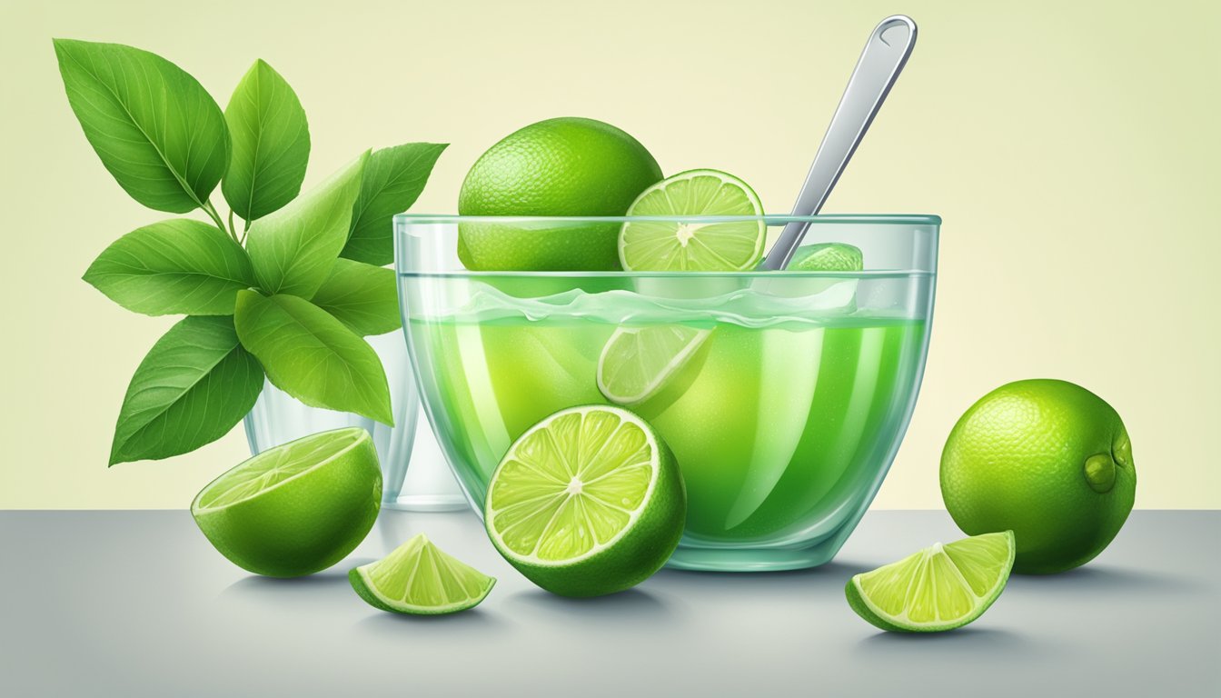 A kitchen counter with a bowl of fresh limes on one side and a container of frozen lime juice on the other