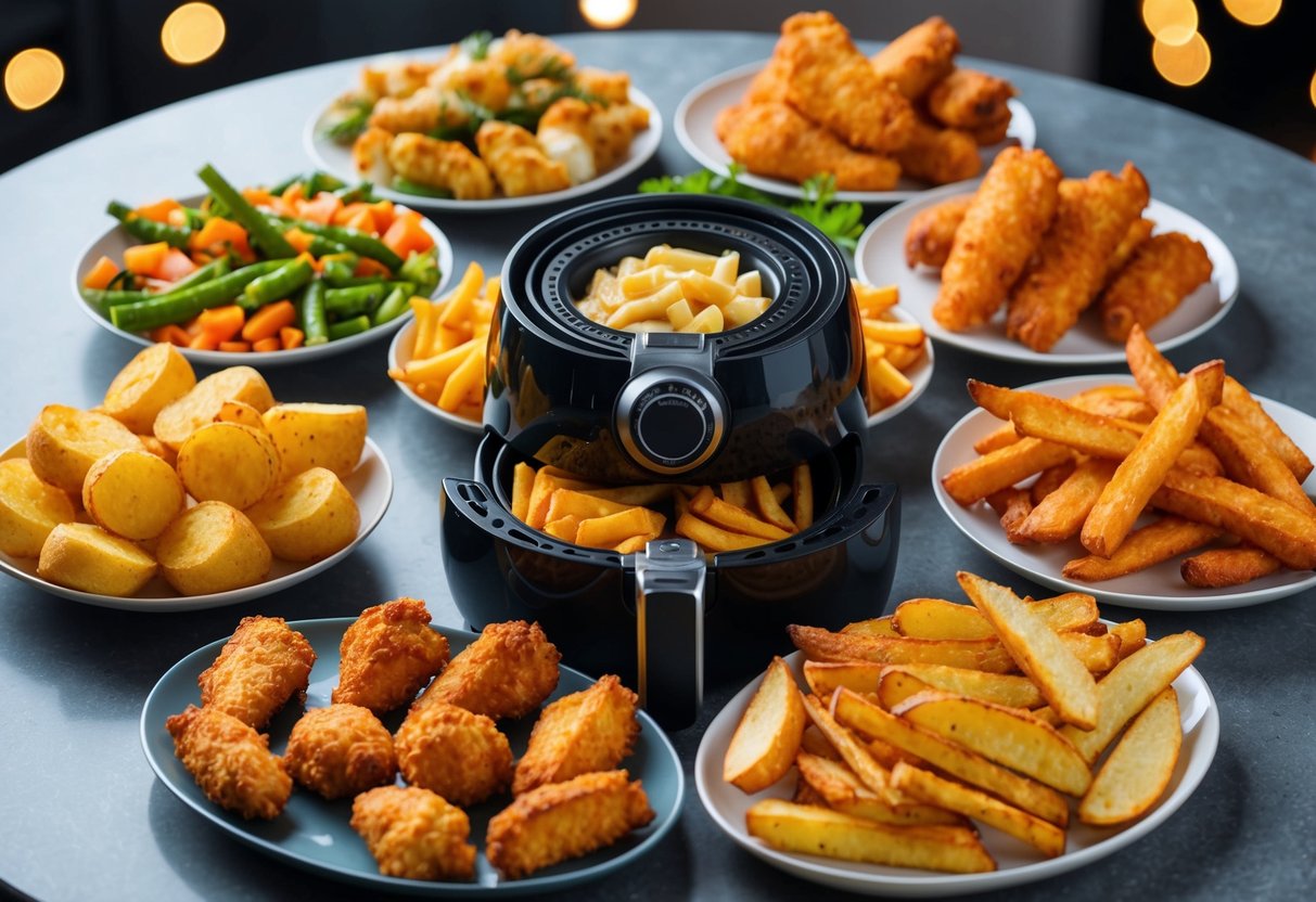 A variety of 21 different air fryer snacks arranged on a table, including crispy vegetables, chicken wings, mozzarella sticks, and potato wedges