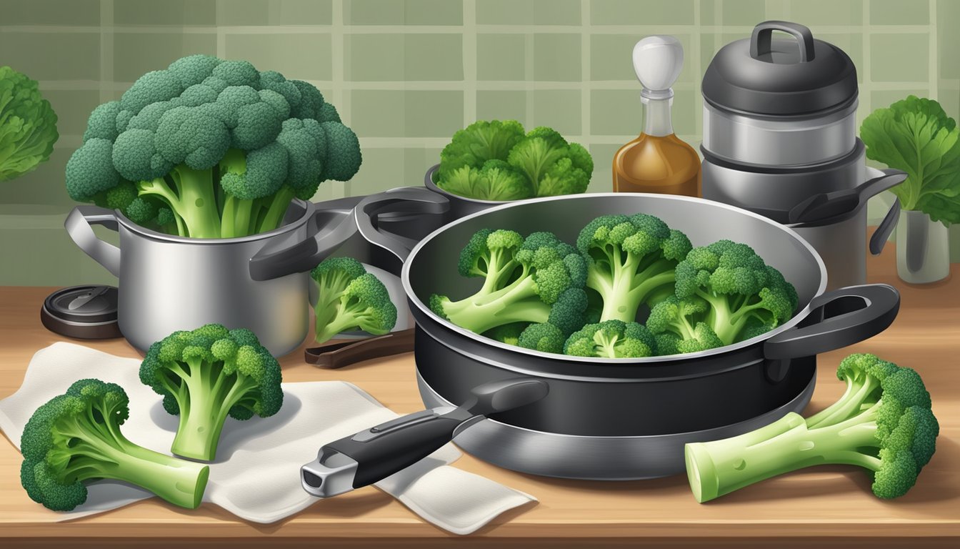 A kitchen counter with fresh and frozen broccoli, a pot, and various cooking utensils