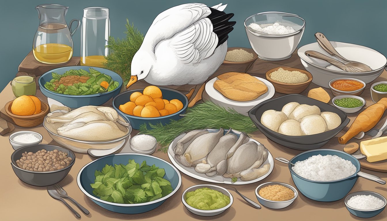 A table with a fresh and frozen goose, surrounded by various cooking utensils and ingredients, illustrating the comparison of flavor, texture, and preparation methods