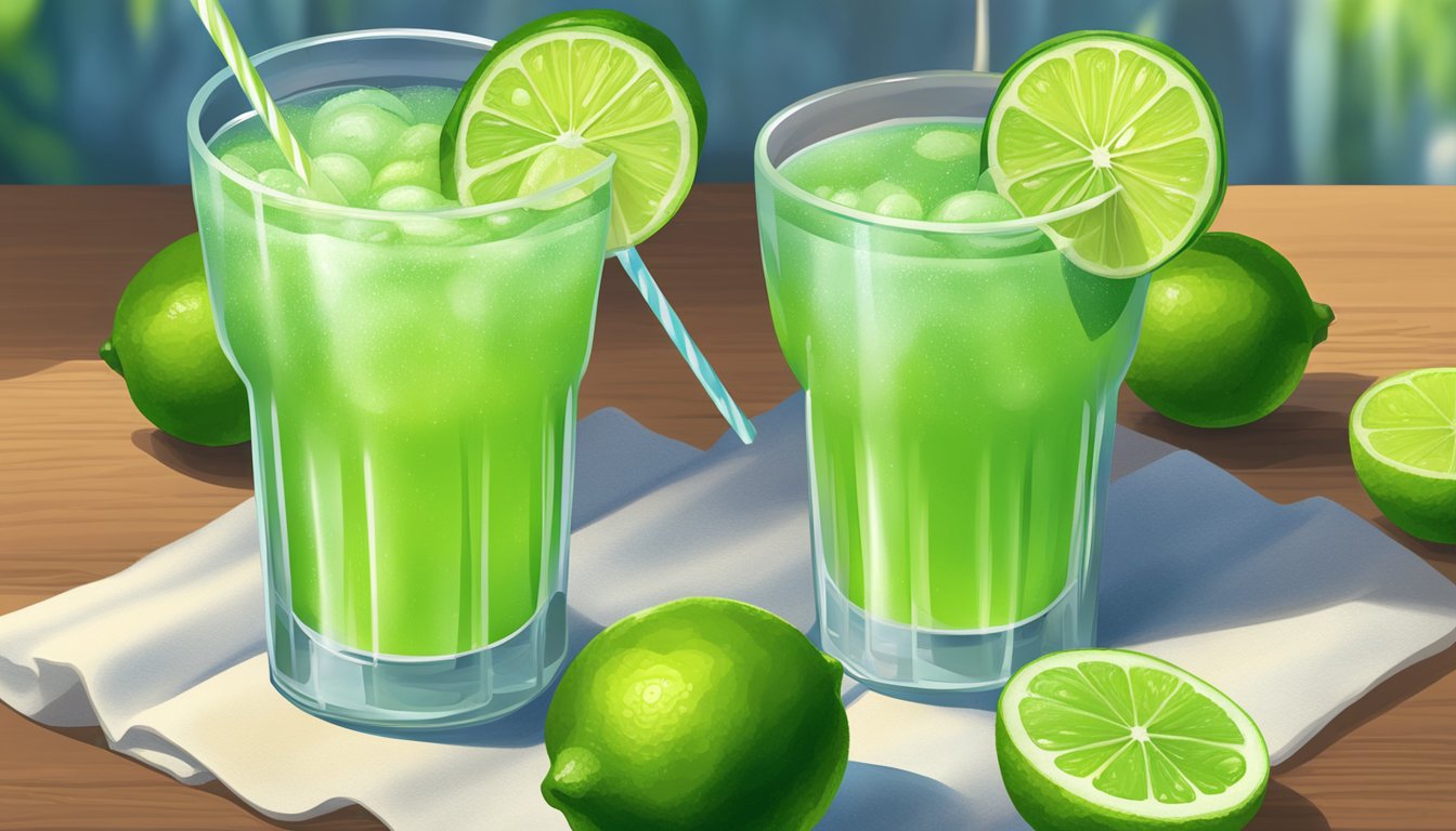 A glass of fresh lime juice sits next to a glass of frozen lime juice, surrounded by limes and sugar. The fresh juice is vibrant and clear, while the frozen juice is slushy and slightly opaque