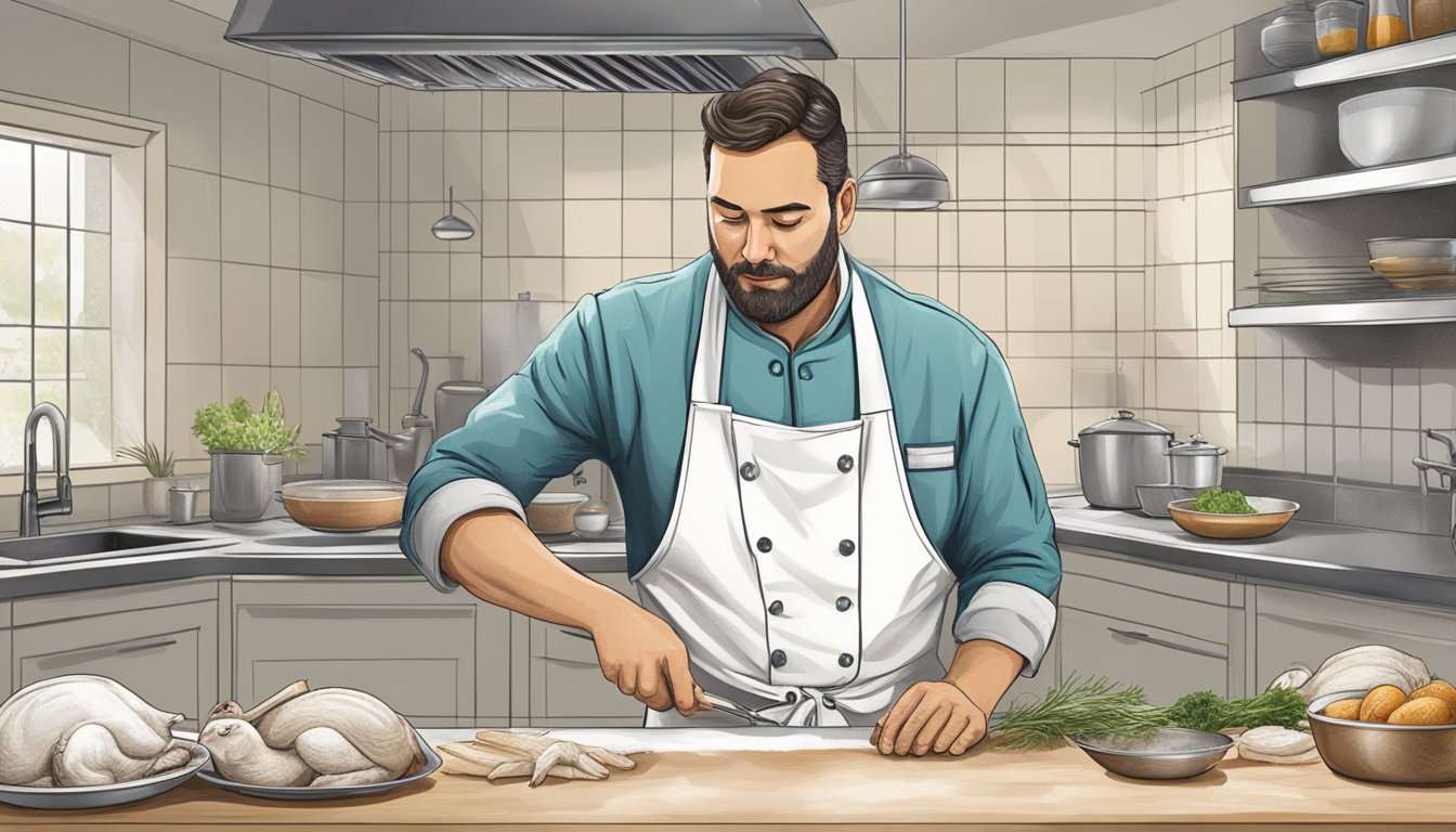 A chef comparing a fresh and frozen goose, examining texture and preparing methods in a kitchen setting